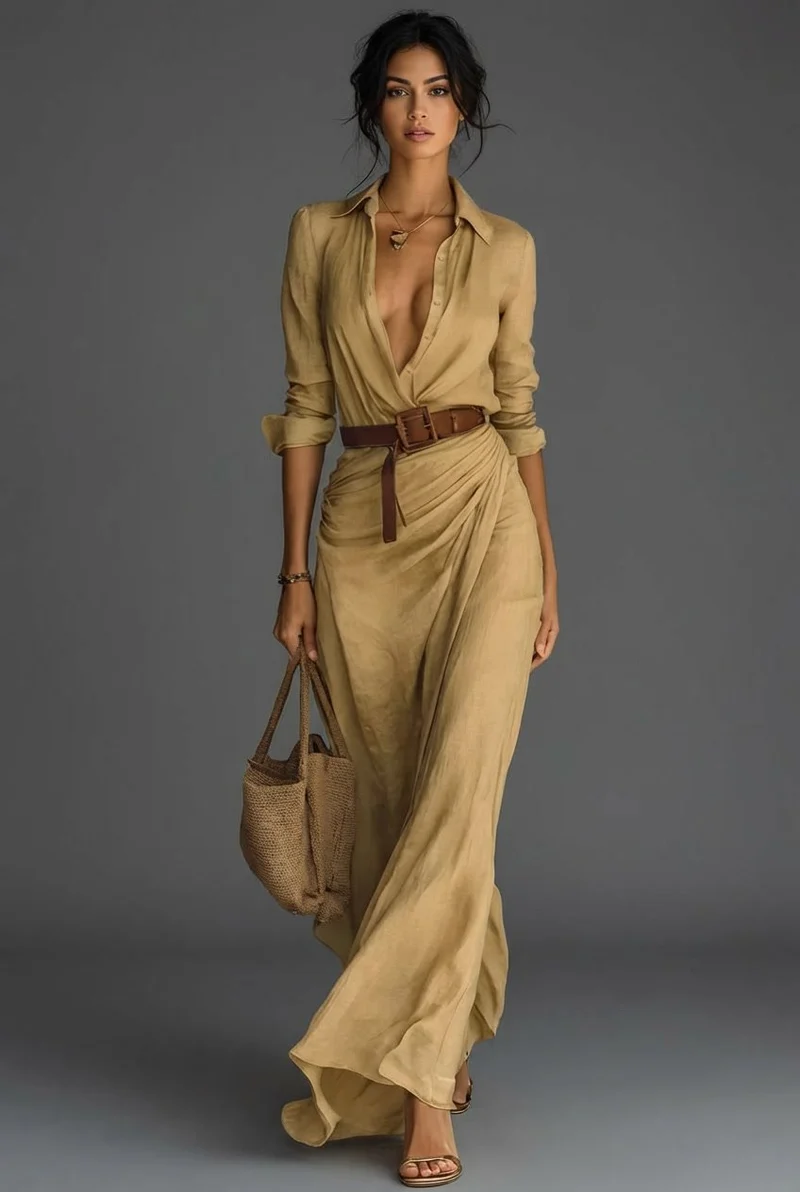 Hannah | Damen Langarm Wickel Maxi Kleid mit Gürtel