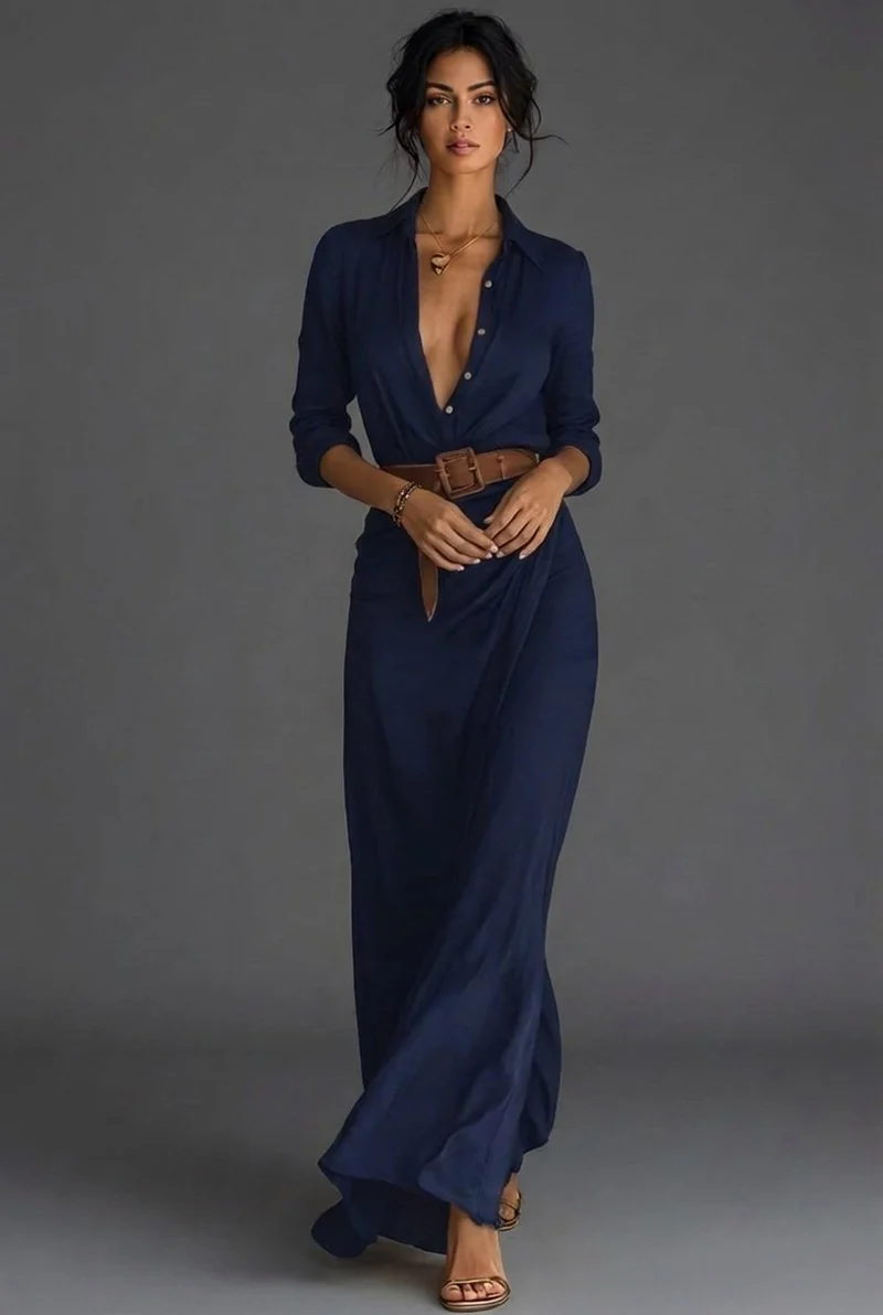 Hannah | Damen Langarm Wickel Maxi Kleid mit Gürtel