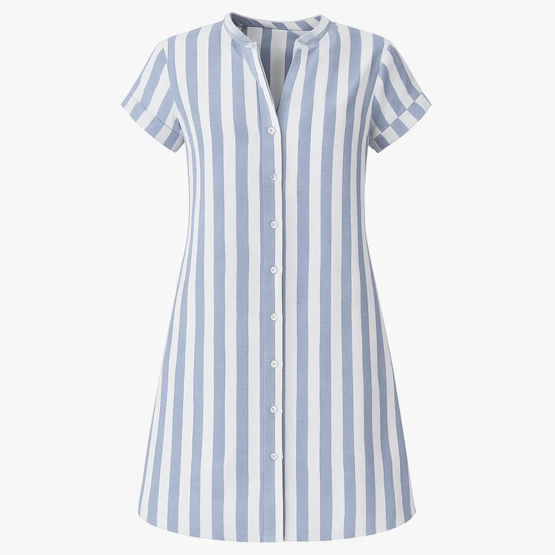 Frieda | Damen Gestreiftes Leinen-Hemdblusenkleid Kurze Ärmel Durchgeknöpft