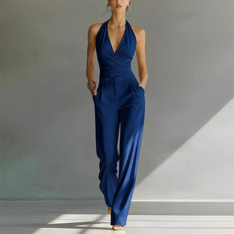 Elisabeth | Damen Neckholder Wide-Leg Chiffon Jumpsuit