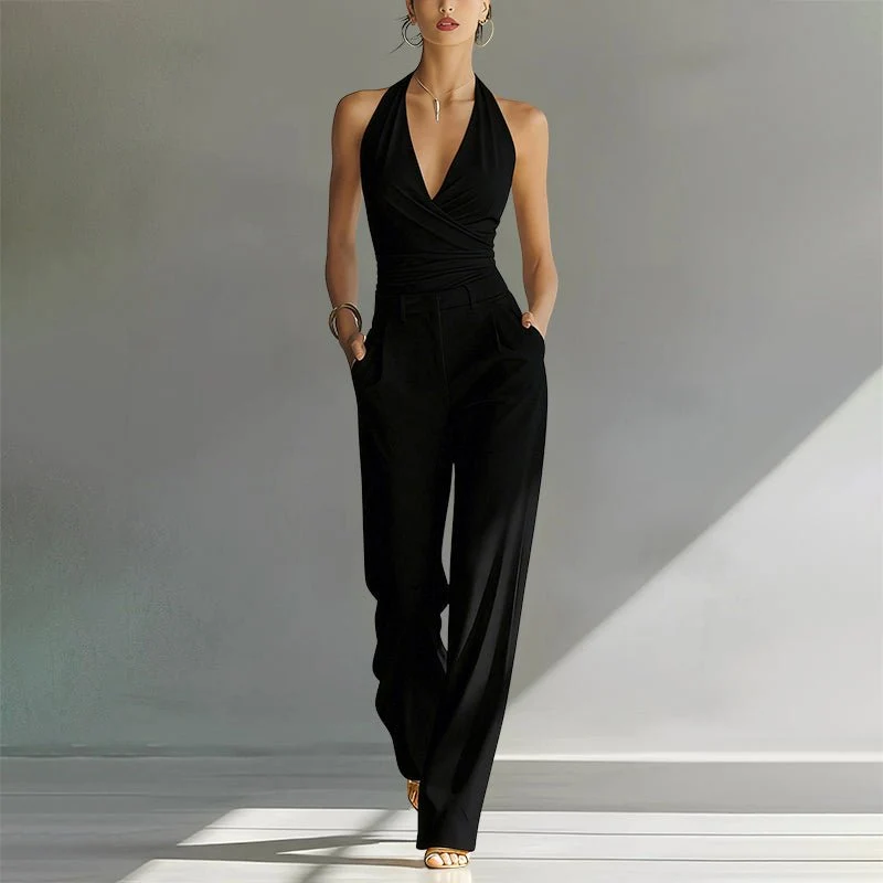 Elisabeth | Damen Neckholder Wide-Leg Chiffon Jumpsuit