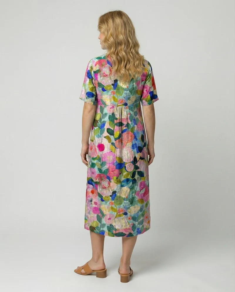 Greta | Damen Leinen Midi-Kleid V-Ausschnitt Blumenmuster Kurzarm