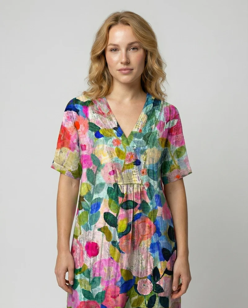 Greta | Damen Leinen Midi-Kleid V-Ausschnitt Blumenmuster Kurzarm