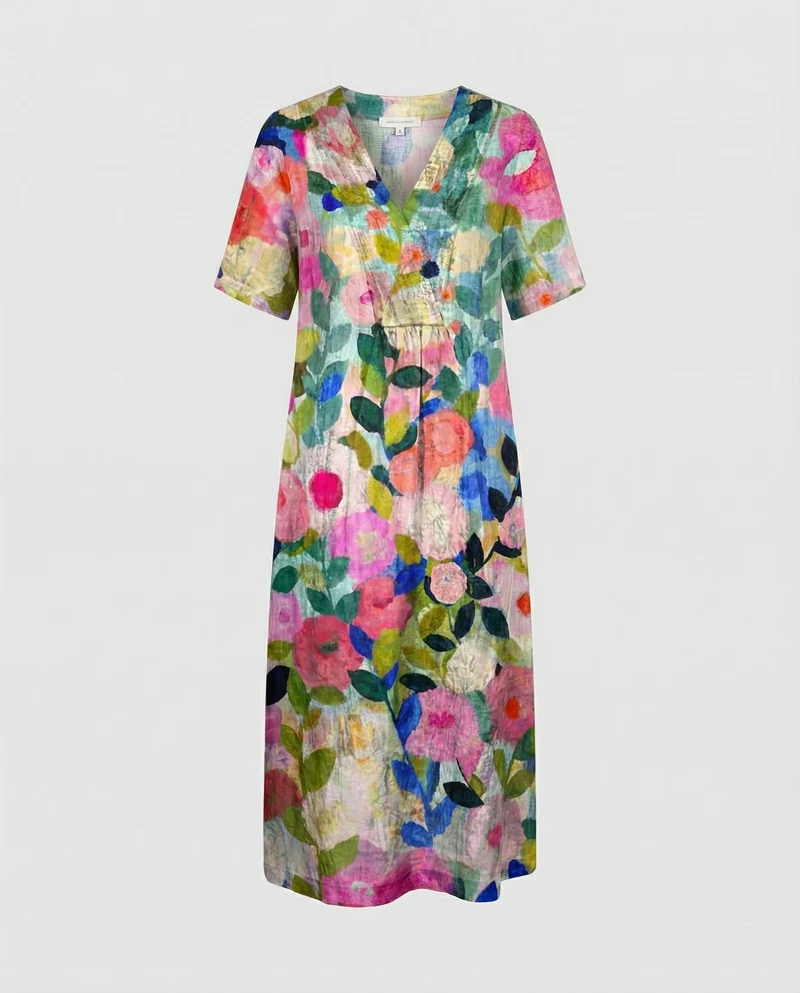 Greta | Damen Leinen Midi-Kleid V-Ausschnitt Blumenmuster Kurzarm