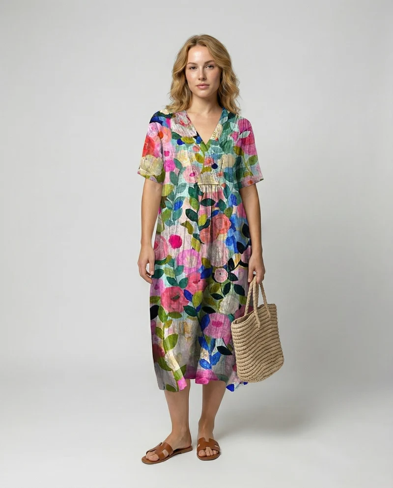 Greta | Damen Leinen Midi-Kleid V-Ausschnitt Blumenmuster Kurzarm