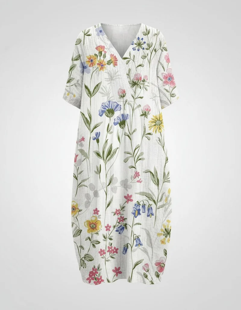 Greta | Damen Leinen Midi-Kleid V-Ausschnitt Blumenmuster Kurzarm