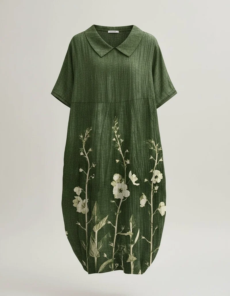 Greta | Damen Leinen Midi-Kleid V-Ausschnitt Blumenmuster Kurzarm