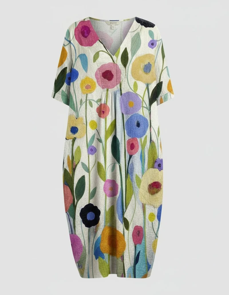 Greta | Damen Leinen Midi-Kleid V-Ausschnitt Blumenmuster Kurzarm