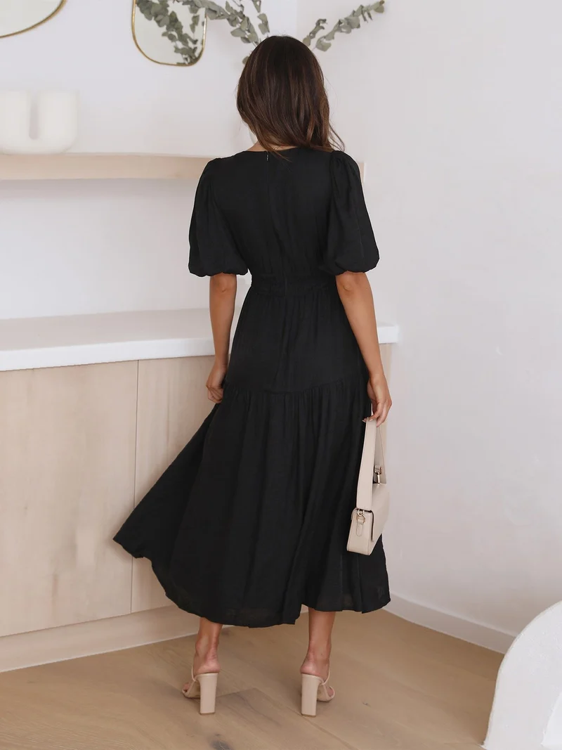 Sophie | Midi Kleid V-Ausschnitt Puffärmel Tailliert