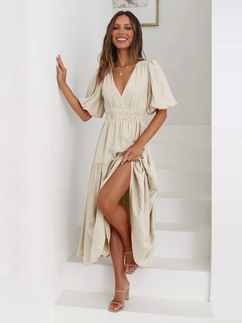 Sophie | Midi Kleid V-Ausschnitt Puffärmel Tailliert