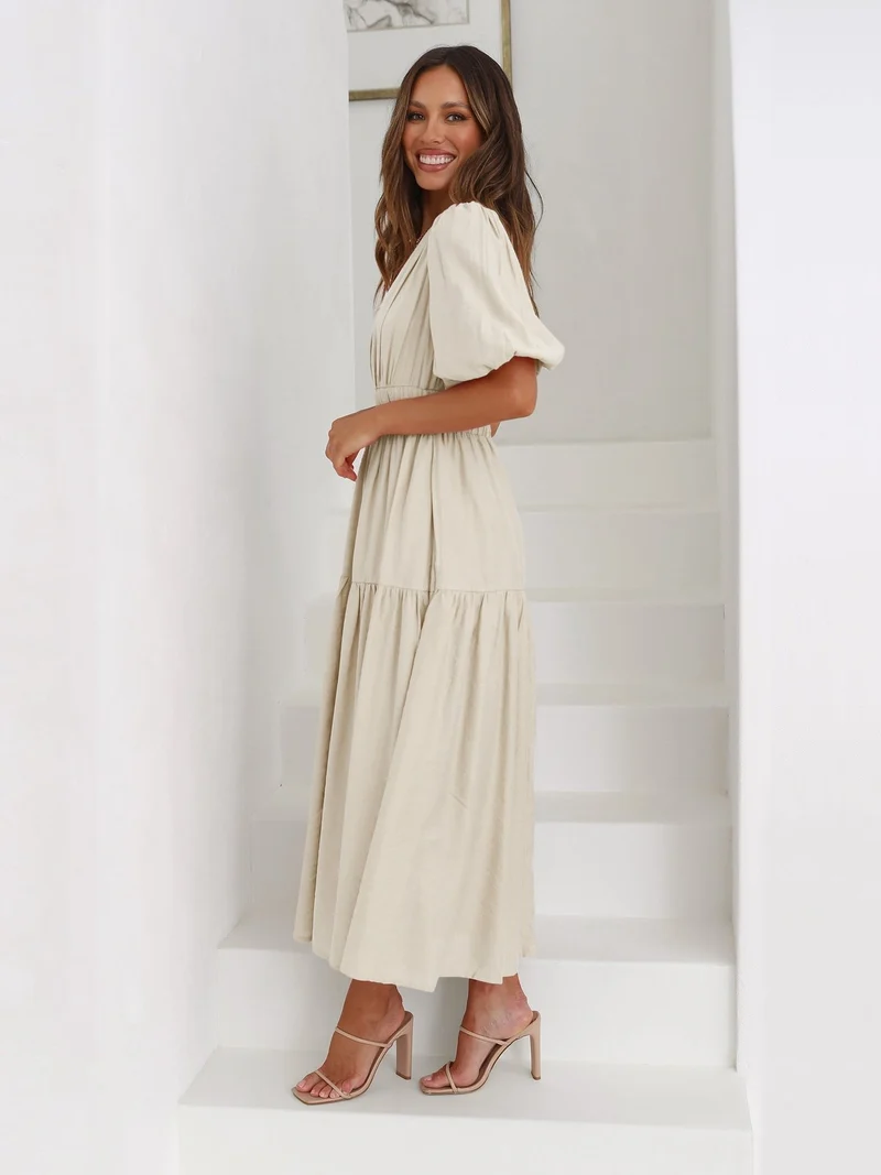 Sophie | Midi Kleid V-Ausschnitt Puffärmel Tailliert