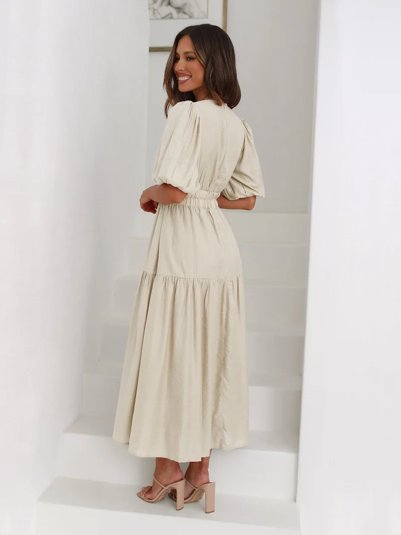 Sophie | Midi Kleid V-Ausschnitt Puffärmel Tailliert