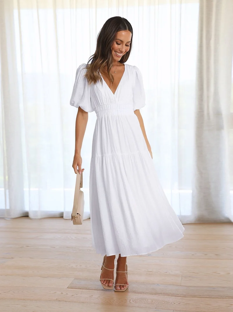 Sophie | Midi Kleid V-Ausschnitt Puffärmel Tailliert