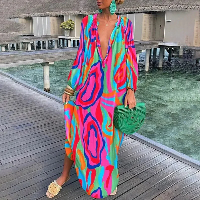 Amelie | Damen Kaftan Maxi Kleid Abstract Print Locker