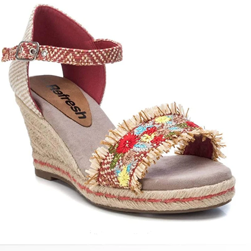 Refresh Keilsandalette mit Seilsohle für Damen – Rot / Blumenmuster