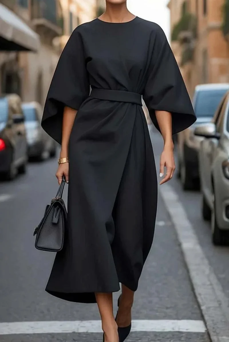 Marlene | Plus Size Kleid Laterne Ärmel Midi Elegant Schwarz