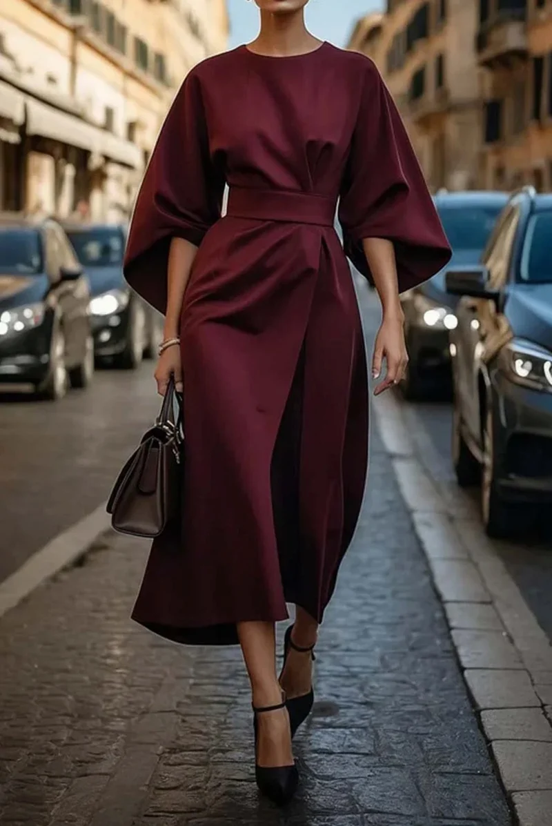 Marlene | Plus Size Kleid Laterne Ärmel Midi Elegant Schwarz