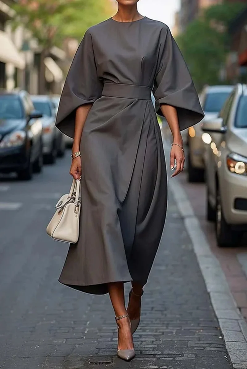 Marlene | Plus Size Kleid Laterne Ärmel Midi Elegant Schwarz