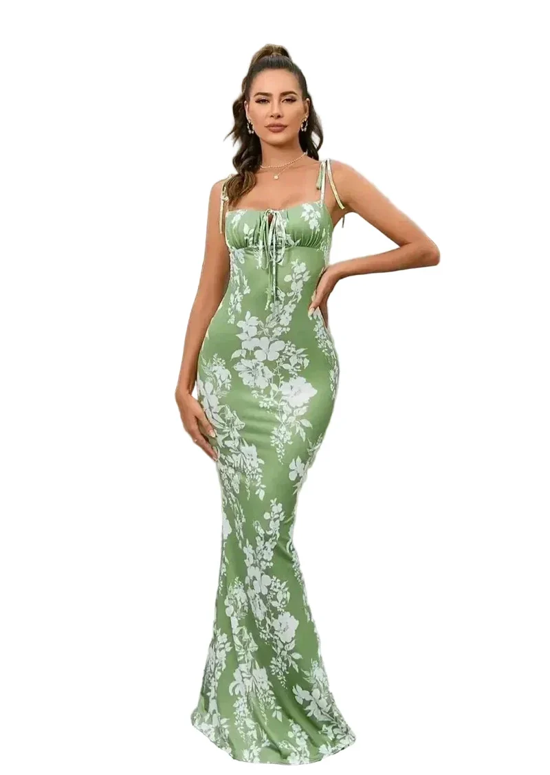 Damen Maxikleid mit Blumenmuster und Bindeträgern