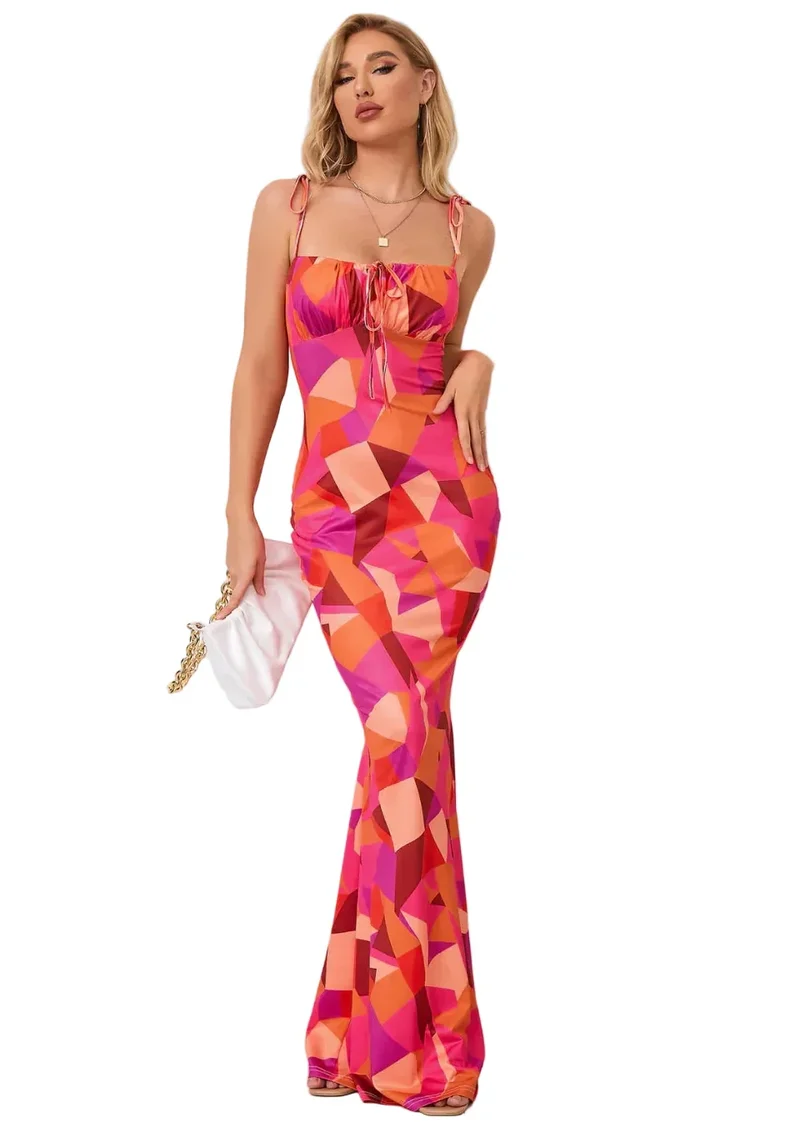 Damen Maxikleid mit Blumenmuster und Bindeträgern
