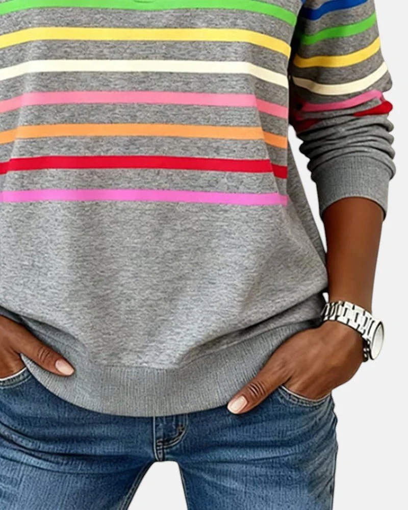 Greta | Damen Sweatshirt Gestreift Reißverschluss Regenbogen