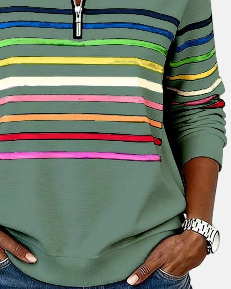 Greta | Damen Sweatshirt Gestreift Reißverschluss Regenbogen