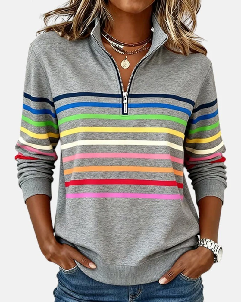 Greta | Damen Sweatshirt Gestreift Reißverschluss Regenbogen