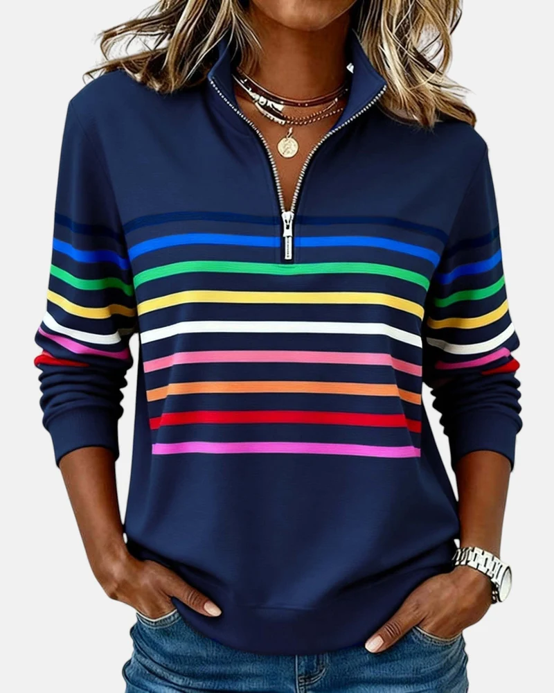 Greta | Damen Sweatshirt Gestreift Reißverschluss Regenbogen