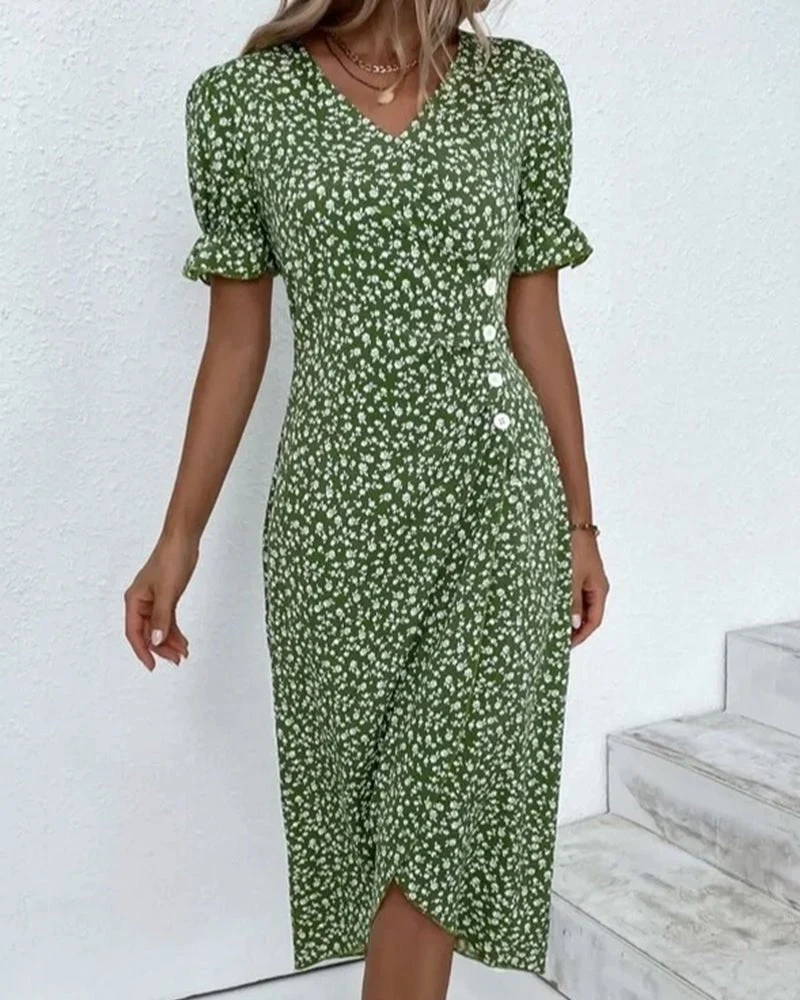 Hannah | Damen Midi Kleid V-Ausschnitt Blumenmuster Wickelstil