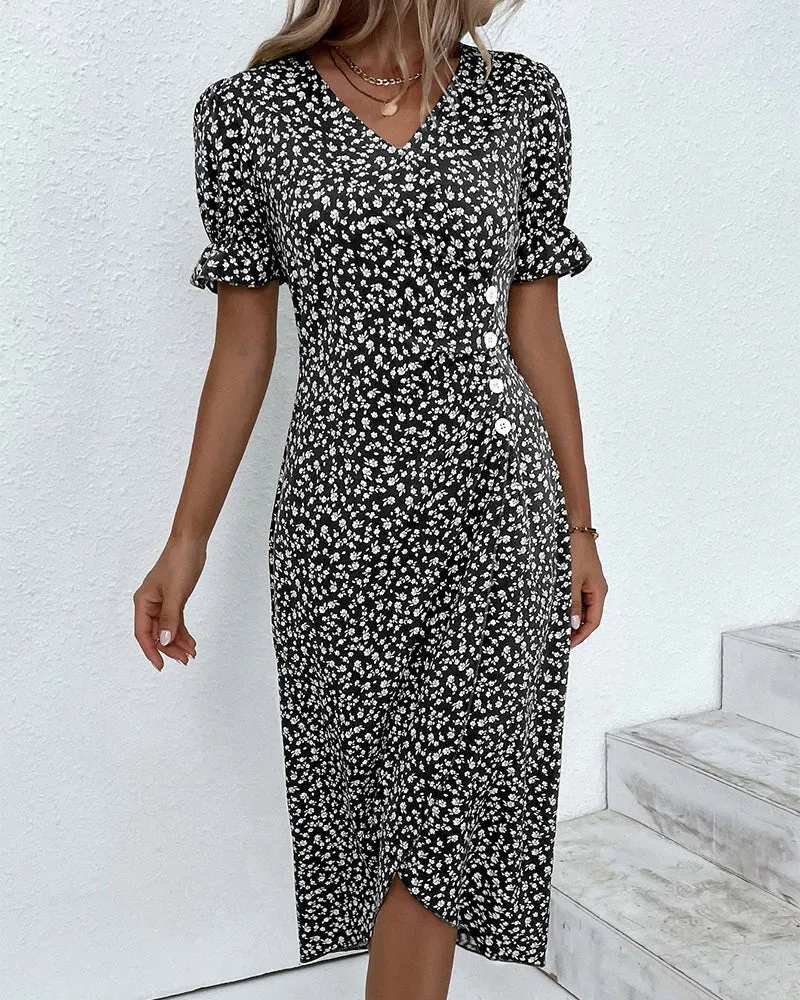 Hannah | Damen Midi Kleid V-Ausschnitt Blumenmuster Wickelstil