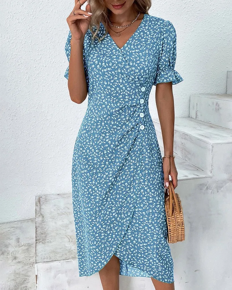 Hannah | Damen Midi Kleid V-Ausschnitt Blumenmuster Wickelstil