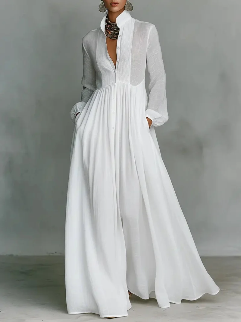 Leonie | Maxi Kleid Patchwork Leinen Stehkragen Knopfverschluss