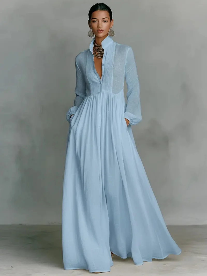 Leonie | Maxi Kleid Patchwork Leinen Stehkragen Knopfverschluss