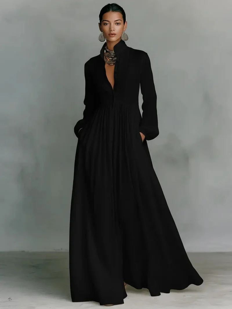 Leonie | Maxi Kleid Patchwork Leinen Stehkragen Knopfverschluss