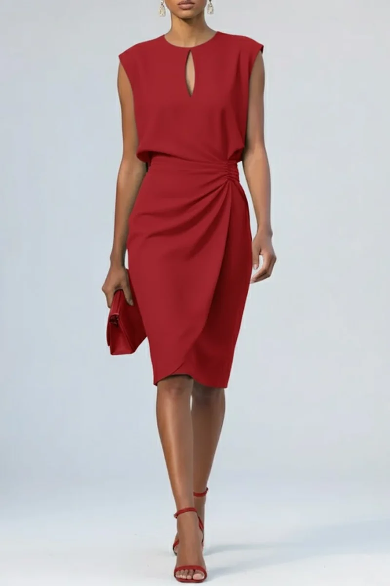 Marie | Damen Midi-Kleid Schlüsselloch-Ausschnitt Raffung Ärmellos
