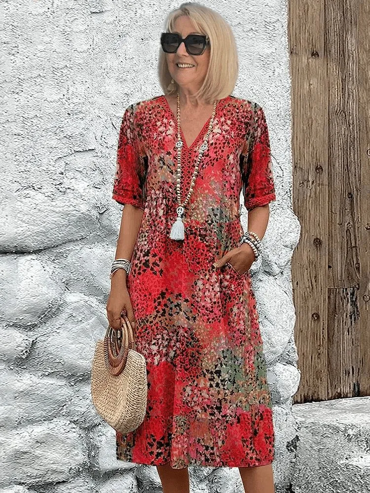 Lena | Damen Sommerkleid V-Ausschnitt Boho Stil Midi Länge