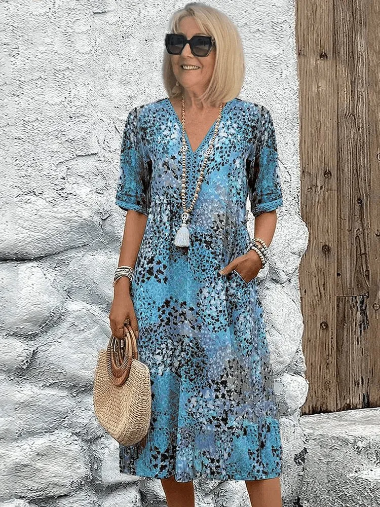 Lena | Damen Sommerkleid V-Ausschnitt Boho Stil Midi Länge