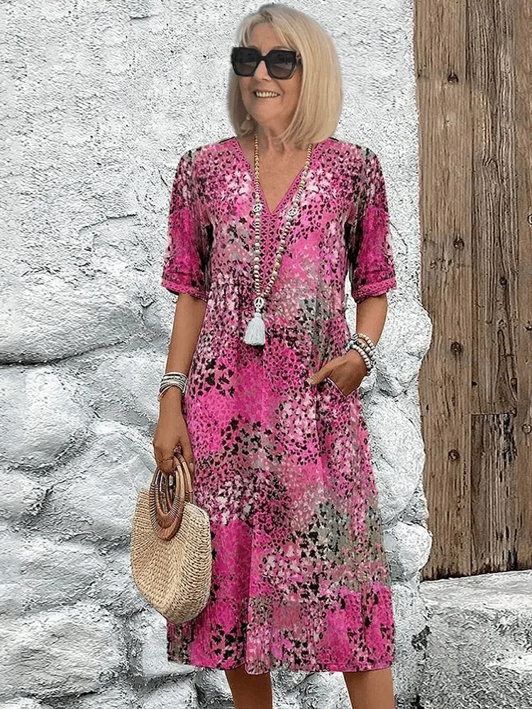Lena | Damen Sommerkleid V-Ausschnitt Boho Stil Midi Länge