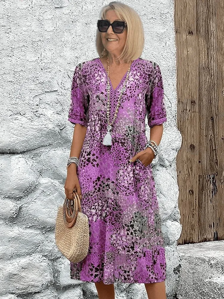 Lena | Damen Sommerkleid V-Ausschnitt Boho Stil Midi Länge