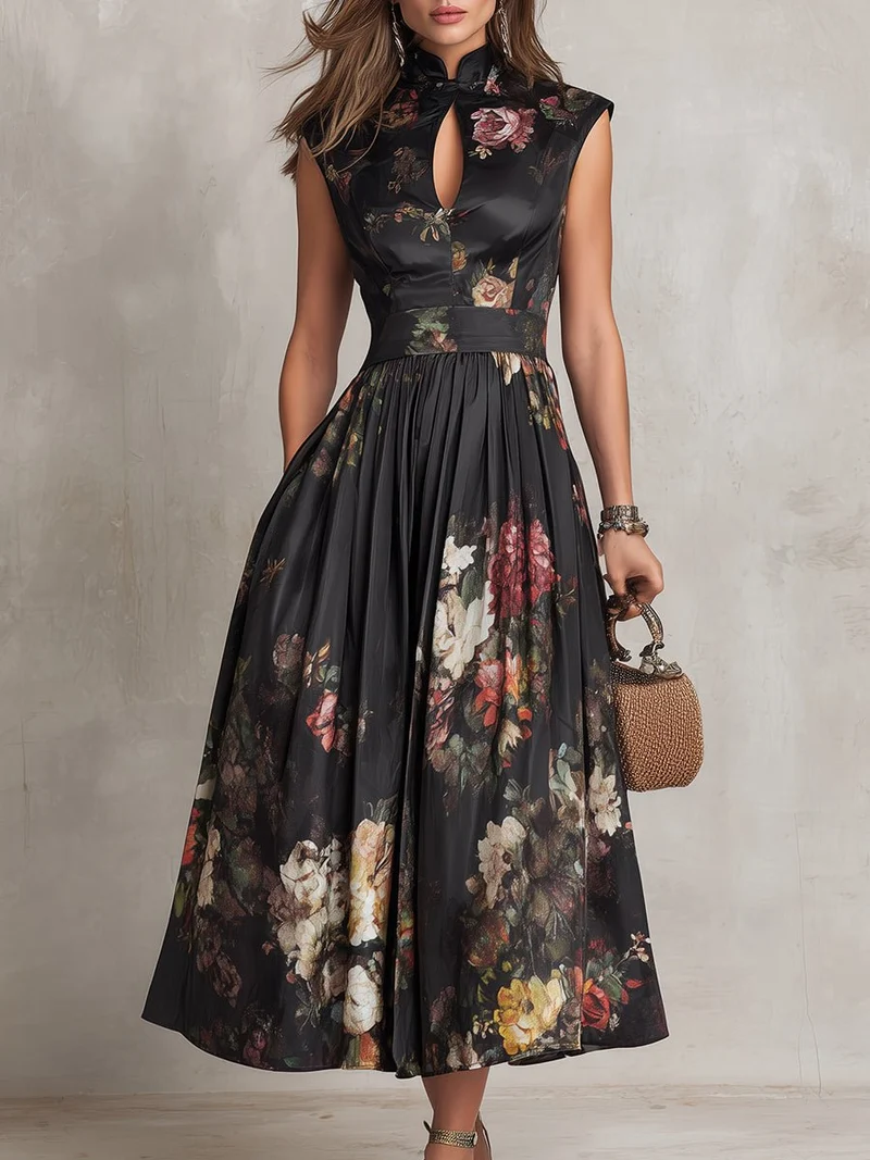 Elfriede | Damen Blumen Satin Plissee Midi Kleid Schlüsselloch Ausschnitt