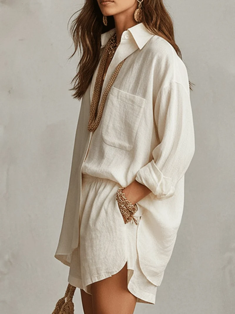 Marie | Damen Oversize Leinen Hemdkleid Shorts Set