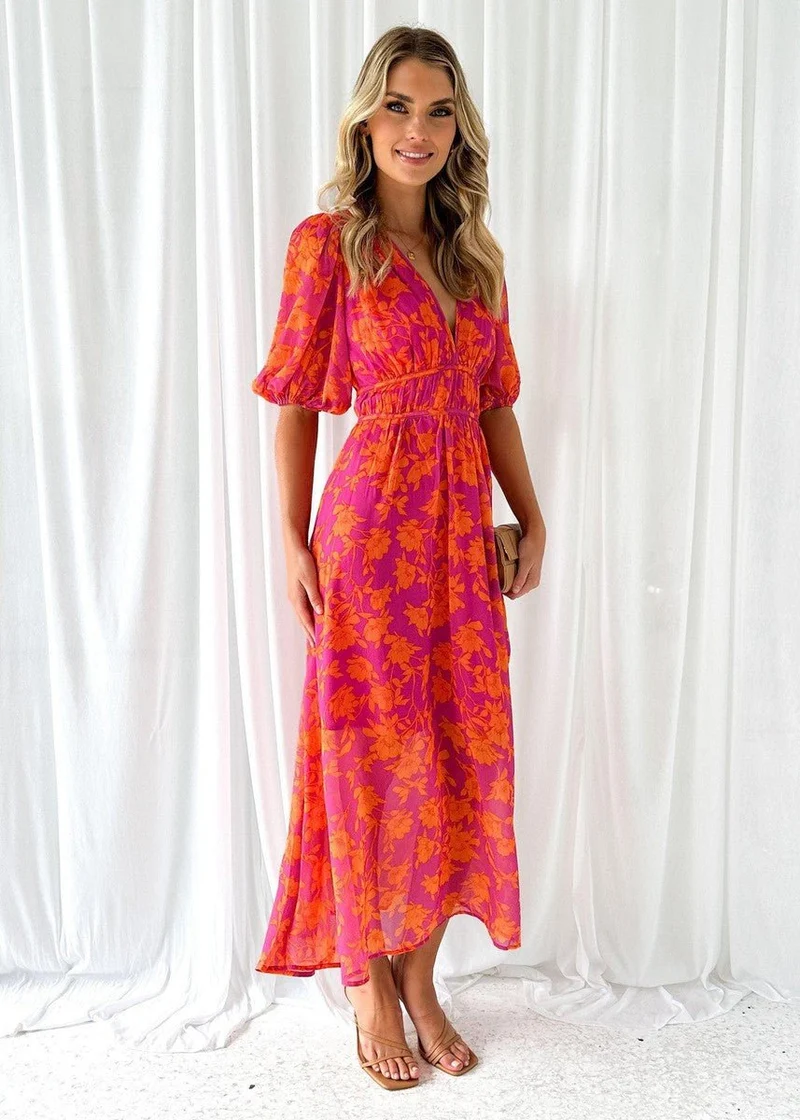 Greta | Damen Luftiges Midi Kleid Blumenmuster Puffärmel V-Ausschnitt