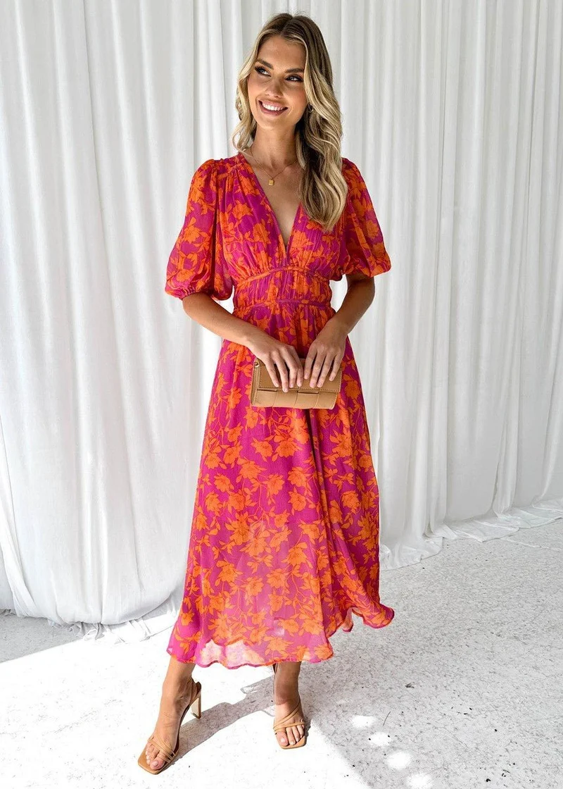 Greta | Damen Luftiges Midi Kleid Blumenmuster Puffärmel V-Ausschnitt