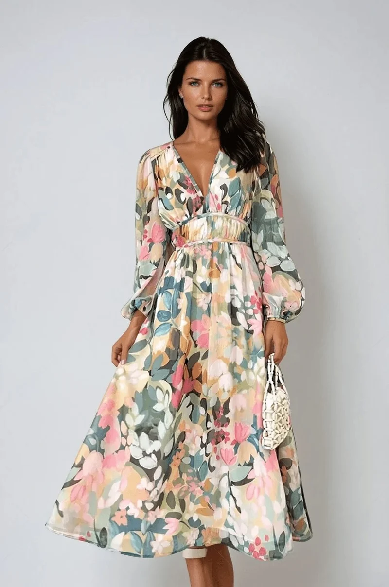 Elisabeth | Damen Chiffon Blumenmuster Puffärmel V-Ausschnitt Midi-Kleid