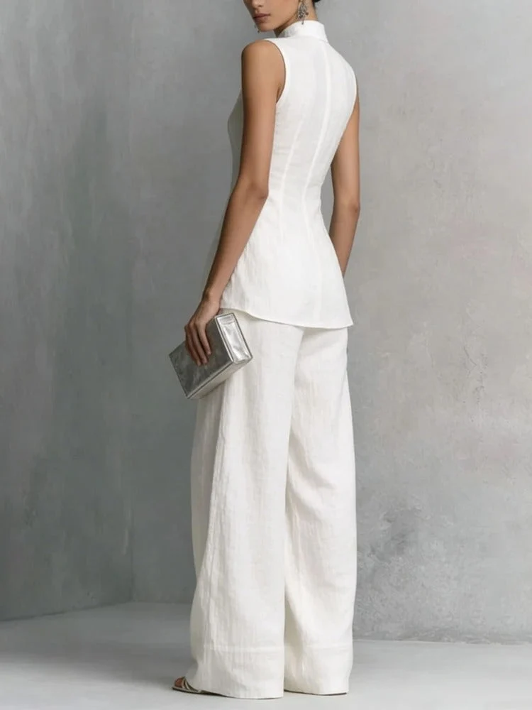 Charlotte | Damen Leinen Zweiteiler Set Stehkragen Top Weite Hose