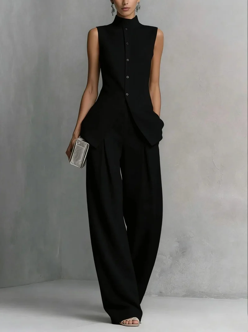 Charlotte | Damen Leinen Zweiteiler Set Stehkragen Top Weite Hose