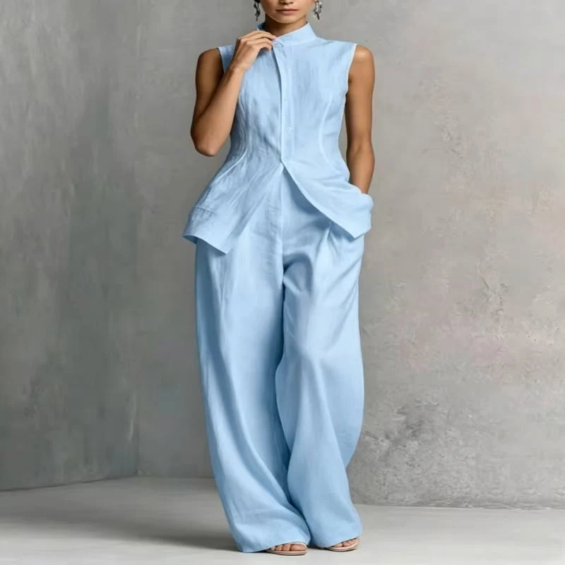 Charlotte | Damen Leinen Zweiteiler Set Stehkragen Top Weite Hose