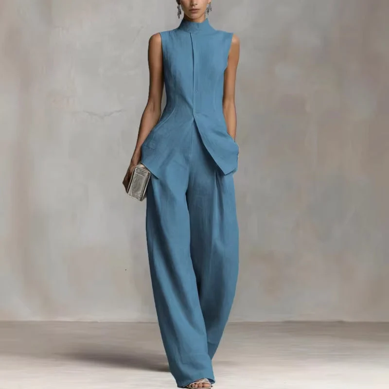 Charlotte | Damen Leinen Zweiteiler Set Stehkragen Top Weite Hose