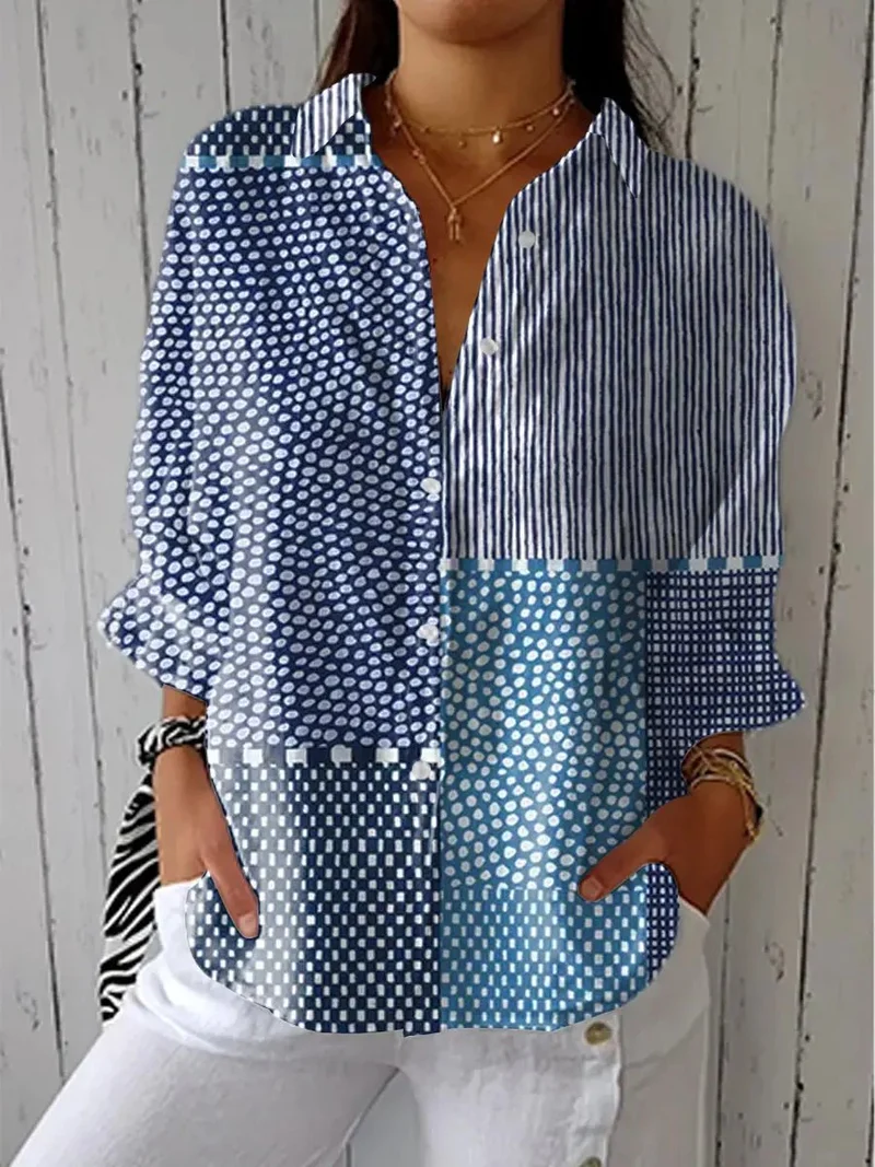 Sophie | Damen Patchwork-Bluse Langarm V-Ausschnitt Knopfleiste