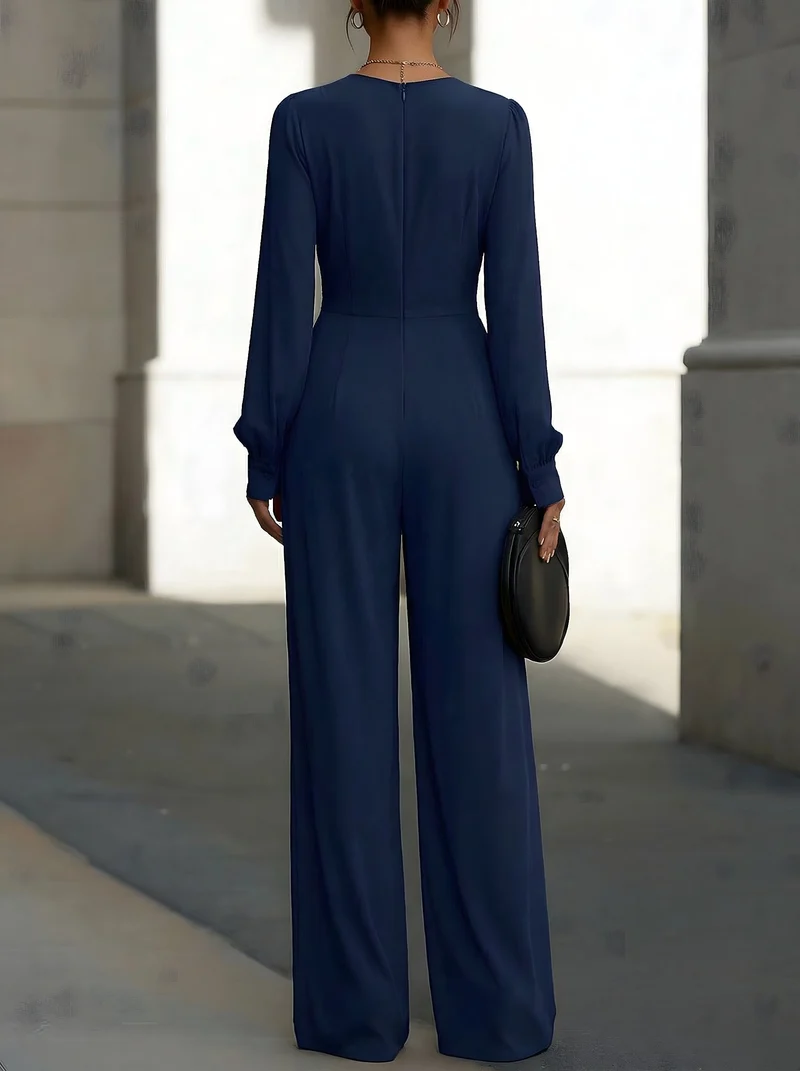 Katharina | Damen Wickel Jumpsuit Langarm Weites Bein V-Ausschnitt